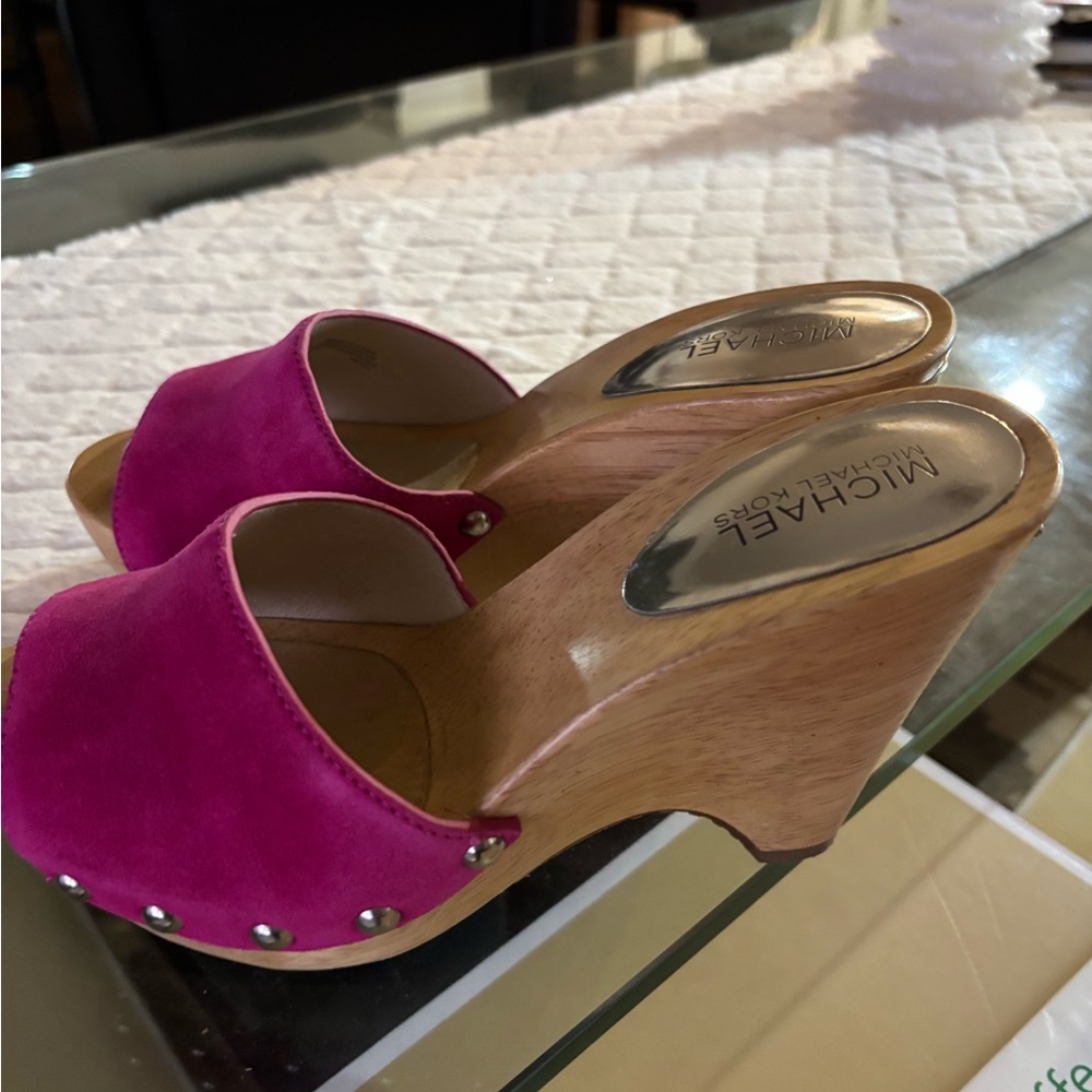 Michael Kors Pink Wooden Wedge Mules